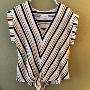 Monteau Women’s Striped V-Neck Blouse - Navy, Yellow, White